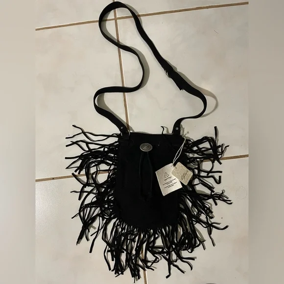 Free People (New With Tags) Suede Fringe Black Crossbody Bag - Picture 2 of 6